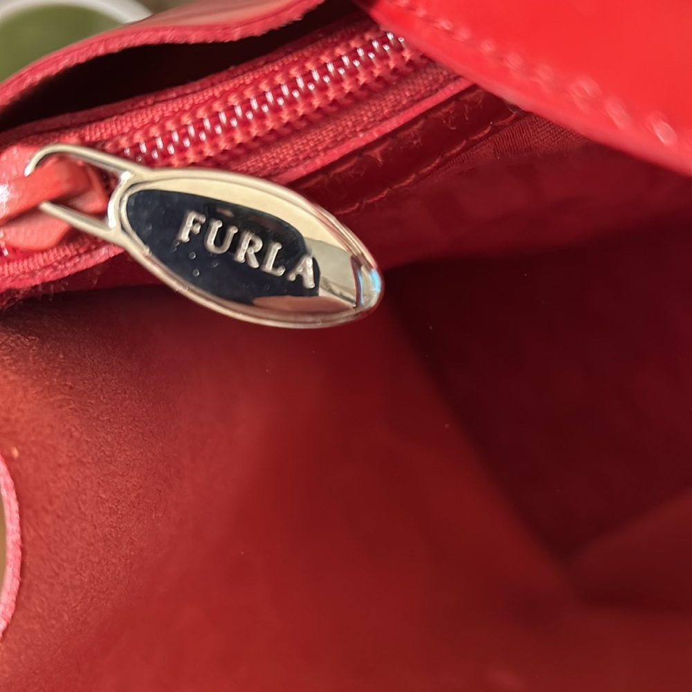Furla Red Patent Leather Structured Divide It Tote Bag Silver Logo Charm - Picture 5 of 16